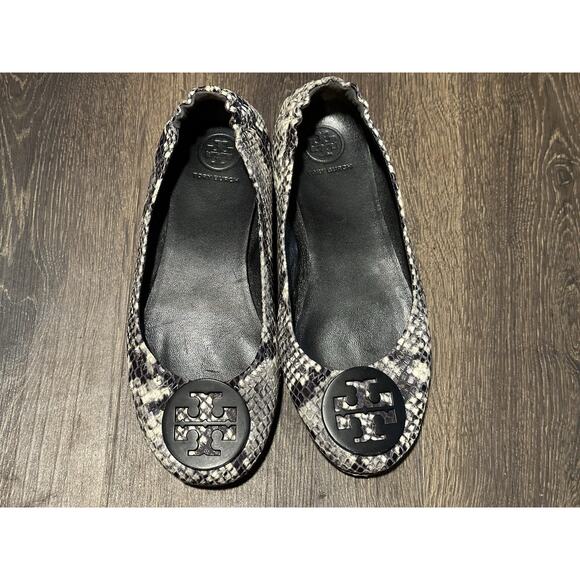 Tory Burch Python Snake Ballerina Ballet Flat Women Shoes Sz 6.5 Black Logo - Picture 1 of 12